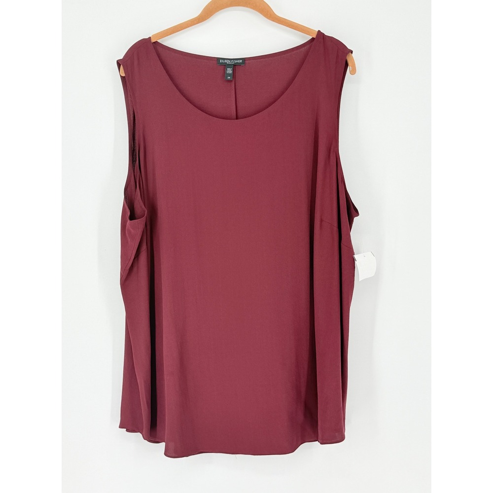 New Eileen Fisher Silk Georgette Crepe Long Shell Burgundy Top Office Size 2X